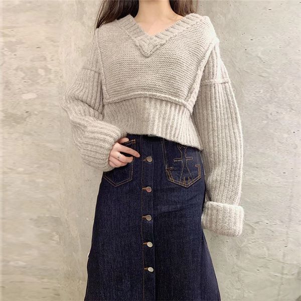 

sweater 2021 autumn and winter v-neck loose short wool pullover thickened outer k097, White;black