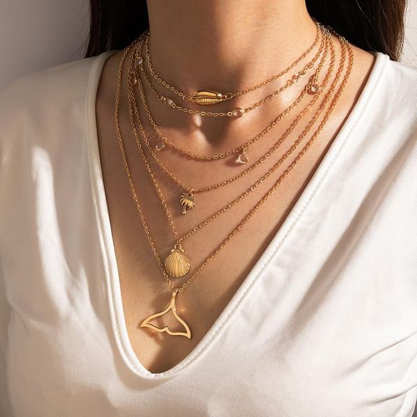 

chains bohemian fish tail pendant necklace for women shell coconut tree multi-layer alloy clavicle chain lady party jewelry 4935, Silver