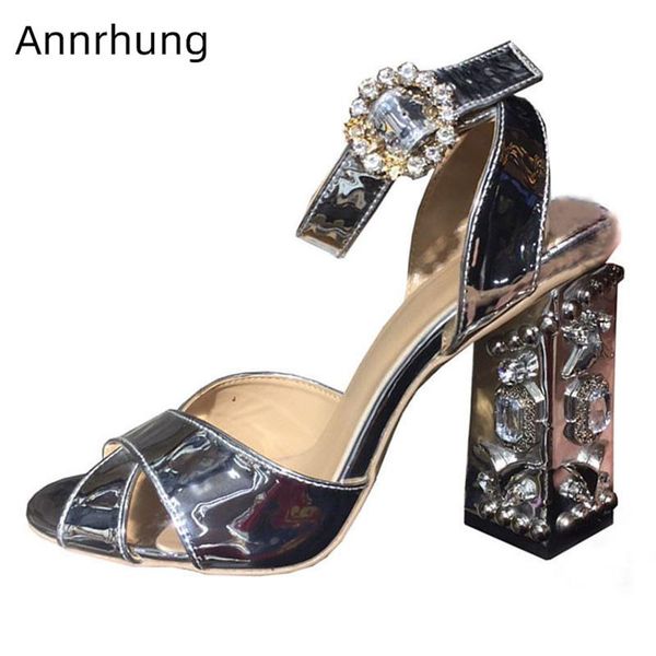 

rhinestone decor sandals women diamond chunky high heels cross belt crystal buckle peep toe sandalias patent leather shoes woman, Black