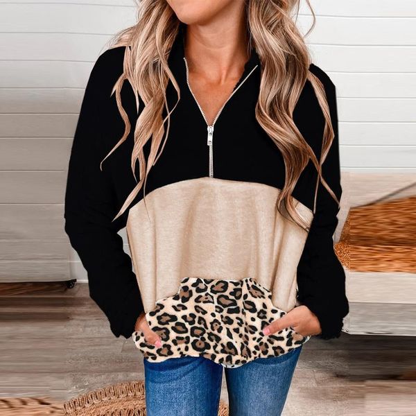 

women's hoodies & sweatshirts casual fashion leopard print splicing plush jacket louse coats sweatshirt anime hoody and, Black