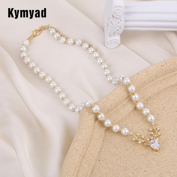 

chokers kymyad copper choker necklace for women simulated pearl chains jewelry geometric zirconia antlers pendant necklaces high quality, Golden;silver