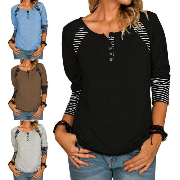 

women's blouses & shirts striped print stitching women t-shirt long sleeve autumn winter o neck buttons pullover streetwear, White