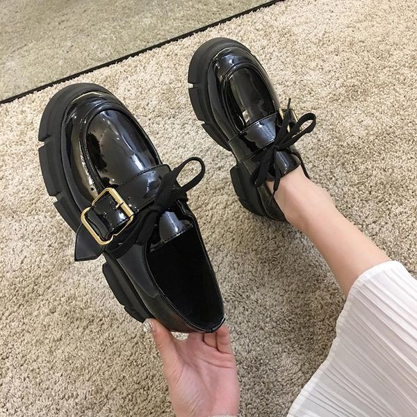 

dress shoes women's loafers 2021 spring fashion retro leather belt buckle platform, Black