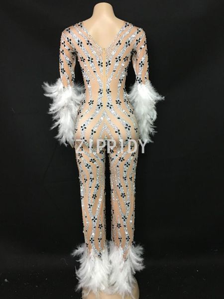 

women's jumpsuits & rompers fashion sparkly rhinestones white feather spandex jumpsuit long sleeves big birthday party nightlcub singer, Black;white