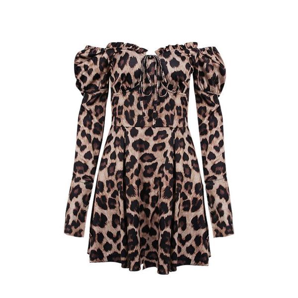 

casual dresses hirigin 2021 leopard print off-shoulder frilly tied long sleeves slim-waist dress for girls streetwear women autumn skir, Black;gray