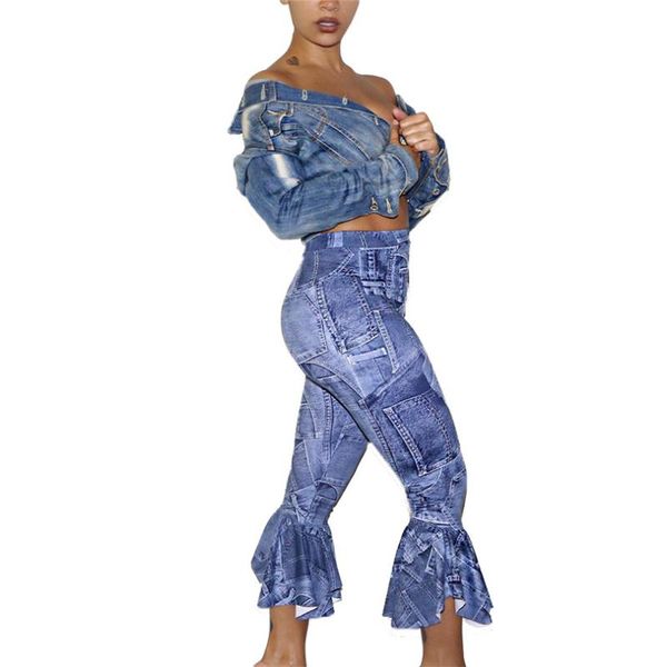 

women's jeans european fashion ruffles bodycon long pants woman summer skinny trousers for women, Blue