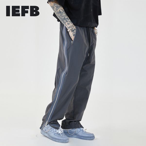 IEFB Side Zipper Bein Split Workwear Casual Hosen Männer Funktionelle Streetwear Mode Lose Gerade Hosen Elastische Taille Y7467 210524