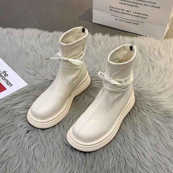 

boots dlek for female spring autumn thick bottom anti-skid fashion british women chunky ankle ladies zip cross-tied shoes, Black