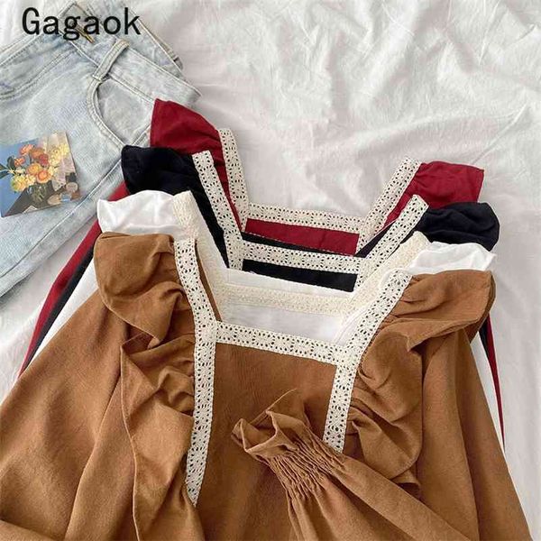 

blouse women spring autumn square collar patchwork ruffles sweet flare sleeve shirt fashion korean wild blouses 210531, White