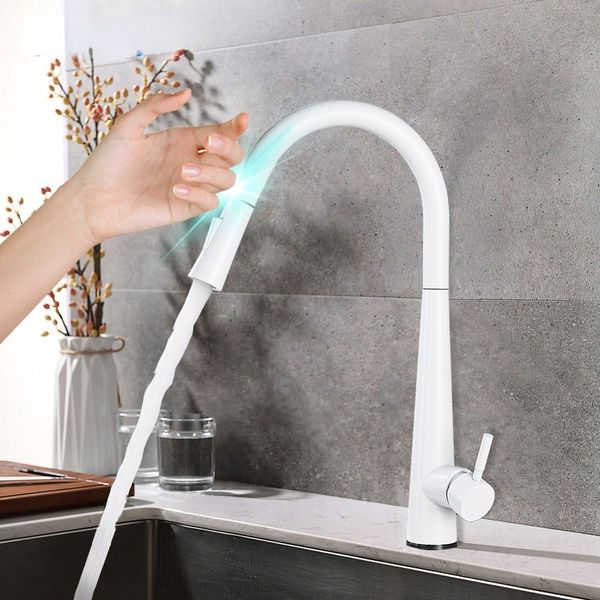 Weiße Touch Sensor Küchenarmaturen ziehen Smart Mixer Tap 2ways Sprayer Küchenhahn 360 Rotation heiße kalte Wasserhähne Kran