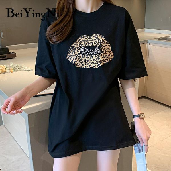 

beiyingni summer lips leopard graphic t shirts womens patchwork lace chic fashion street tee woman cotton plain t-shirts women's t-shir, White