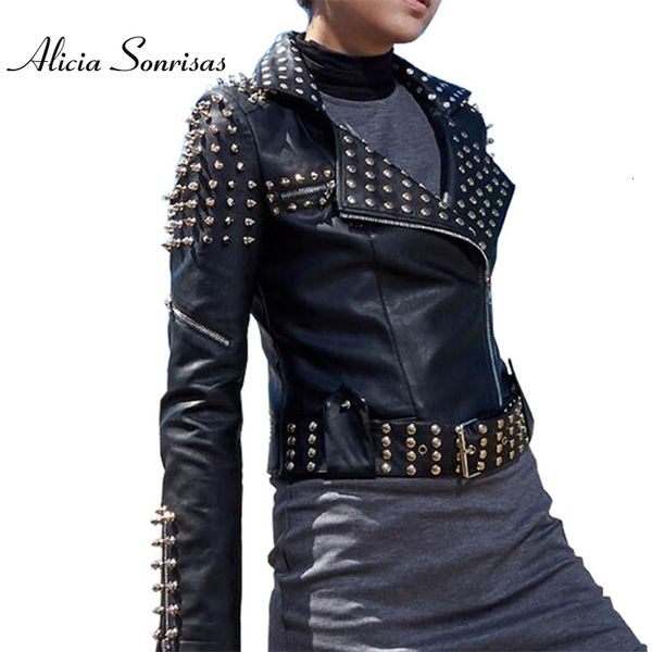 

autumn casaco feminino silver black leather jacket women punk spikes stars slim rivets motorcycle perfecto biker coat