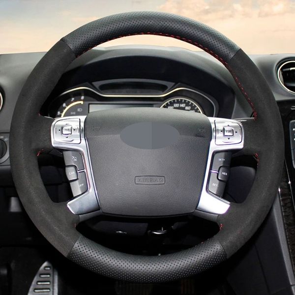 

car steering wheel cover hand-stitched black genuine leather suede for ford mondeo mk4 2007-2012 s-max 2008