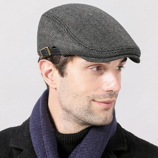 

berets men autumn winter wool hat striped ivy sboy flat cap artist painter male adjustable beret, Blue;gray
