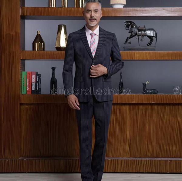 Yeni Şerit Ekose Düğün Damat Smokin Siyah Gri Zirve Yaka Groomsmen Erkek Yemeği Business Suits (Ceket + Pantolon) CG001