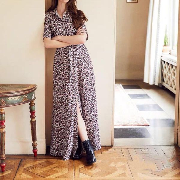 

casual dresses women's vintage floral maxi dress short sleeve turn-down collar beach ladies split long with sashes, Black;gray