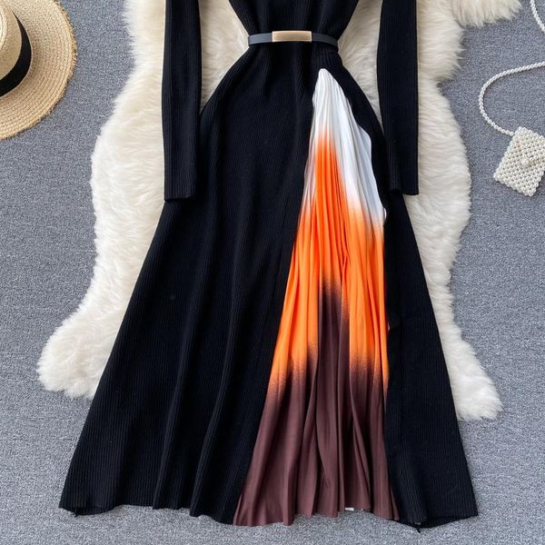 

casual dresses autumn french vestidos female round neck knit stitching gradient color pleated slim waist big swing midi dress kk943, Black;gray