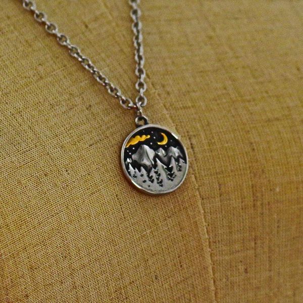 

pendant necklaces 1pcs stainless steel forest cute mini landscape necklace moon and stars mixed metals nature camping hiking jewelry, Silver