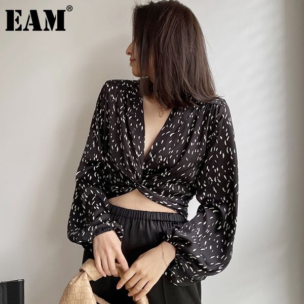 

[eam] women black print pleated blouse v-neck long flare sleeve loose fit shirt fashion spring summer 1dd7329 210512, White
