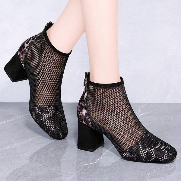 

sandals 2021 fashion black summer zipper cross-tied high heel gladiator net surface hollow out