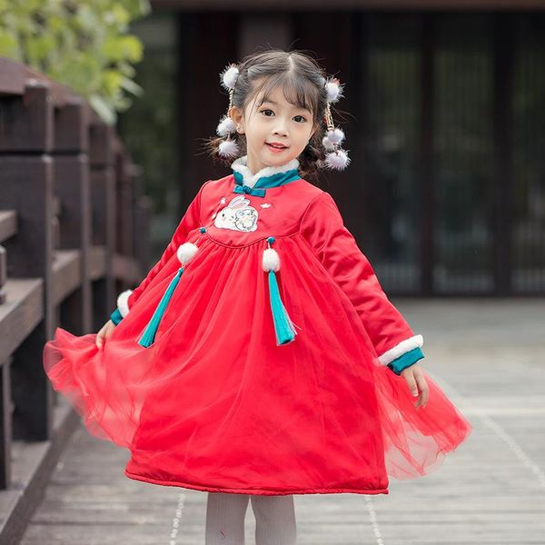 

winter girls hanfu embroidered long sleeves dress chinese style role play wedding birthday clothing year's wear ethnic, Red