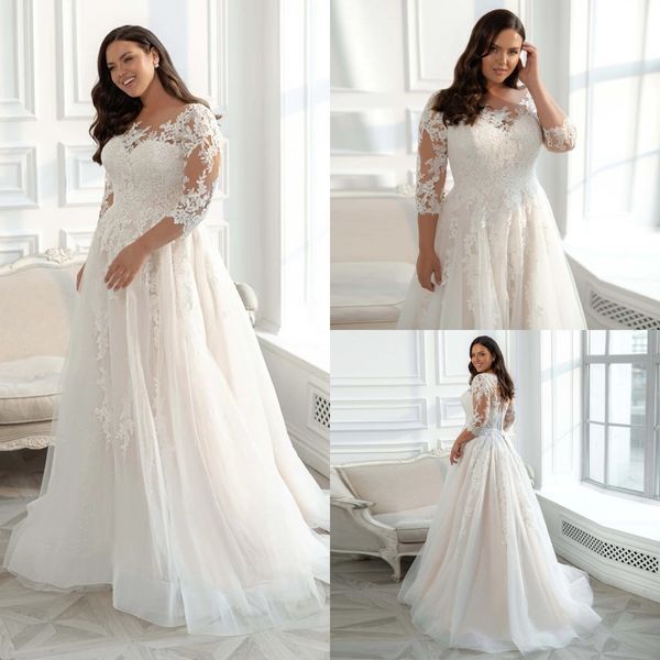 Abiti da sposa premaman taglie forti Una linea di tulle con applicazioni di pizzo maniche a 3/4 Vestido De Noiva Abiti da sposa Sweep Train Sheer Scoop Neck Donna Modest Robes de Mariee AL9178