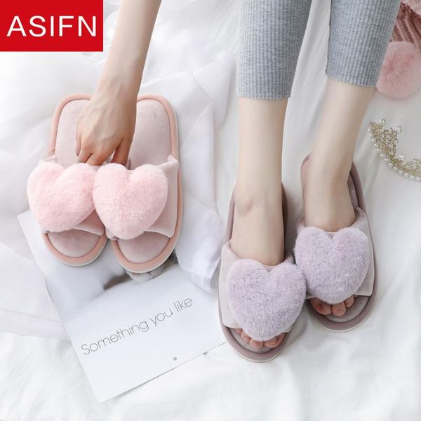 

fur slides winter women cute heart furry slippers fashion faux warm shoes slip flats female home plush, Black