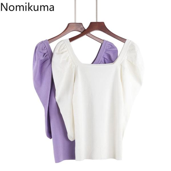 

nomikuma 2021 puff short sleeve knitted korean square collar slim knitwear solid summer jumpers 6b103 women's sweaters, White;black