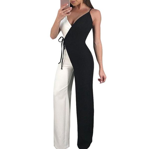 

women's jumpsuits & rompers style spliced summer women strap wide leg, Black;white