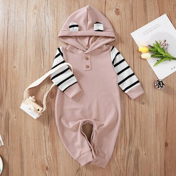

jumpsuits girl baby bodysuits born infant boys girls soild stripe patchwork long sleeve jumpsuit bear ears hooded romper outfits, Blue