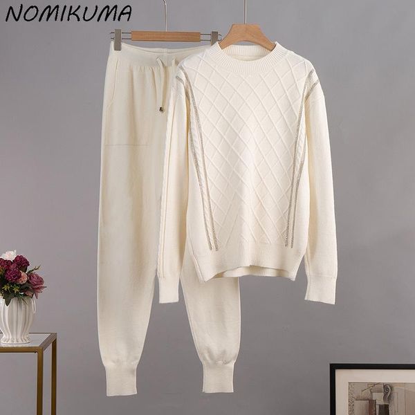 

women's two piece pants nomikuma autumn winter sweater harem sets causal knitted pullovers + lace up waist women pieces outfit 6x985, White