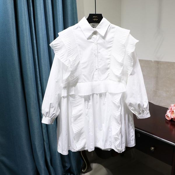 

casual dresses women's korean-style pleated ruffled stitching white long sleeve girl's dress wooden ear loose shirt, Black;gray
