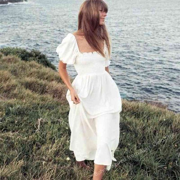 

boho inspired shirred bust summer dress puff sleeve frilled elegant ladies cotton woman for women 210712, Black;gray