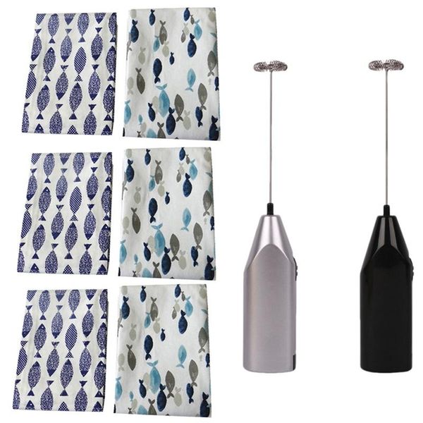 

6pcs cotton table napkins cloth tea towel with 2pcs hand whisk mixer coffee egg beater