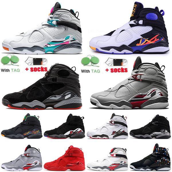 

2021 air jordan retro jumpman 8 mens women basketball shoes with socks jordan8s south beach white off valentines days chrome cool grey train