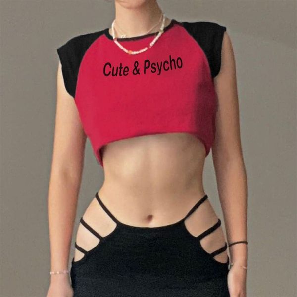 

patched letter print y2k crop women summer o-neck t-shirts for girls with short sleeve cotton tee female streetwear 210510, White