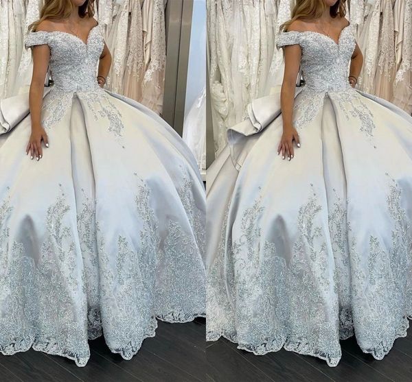 

2022 luxuroise sequins lace wedding dresses ball gown off shoulder satin applique beaded sparkly bridal dress women plus size, White