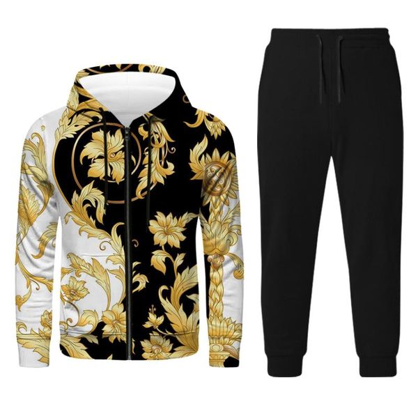 

men's tracksuits fashion gold flower pattern color matching casual round neck european and american autumn long sleeve printed sweater, Gray