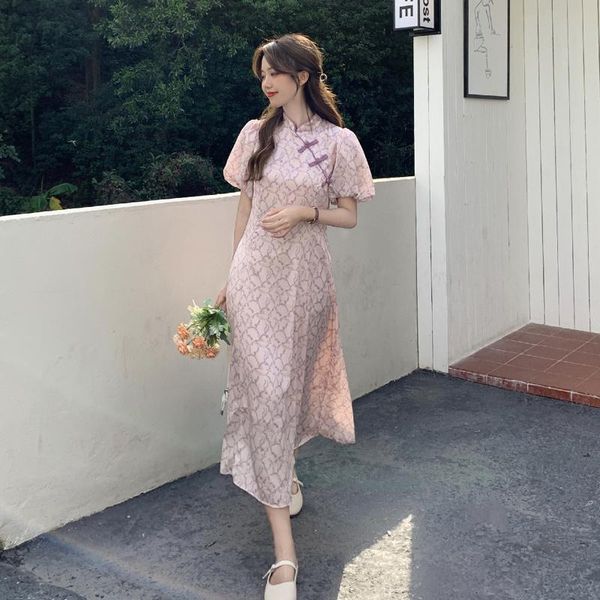 

ethnic clothing cheongsam female summer chinese traditional clothes 2021 mid-length package hip retro skirt puff sleeve evening qipao dress, Red