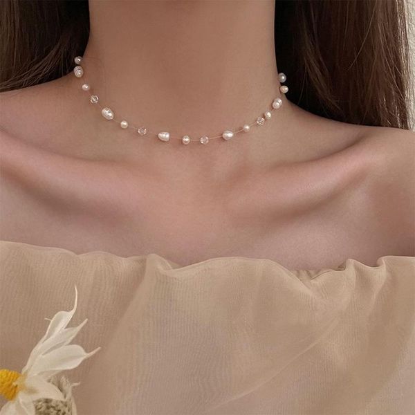 

chokers 2021 simple fish line baroque pearl necklace female summer sweet and versatile design clavicle chain accessories, Golden;silver