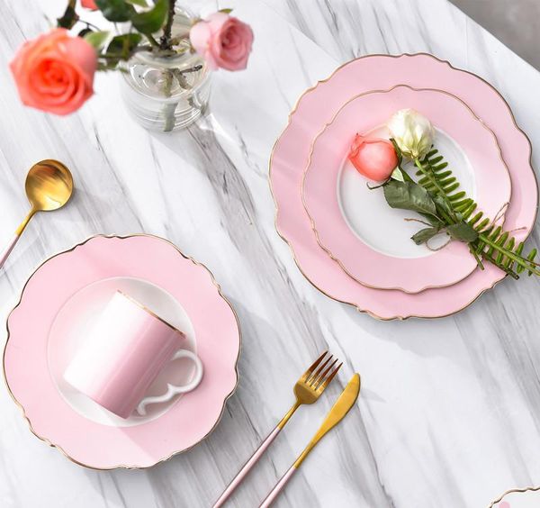 

dishes & plates creative ceramic plate pink wave point simple flat western steak girl heart set irregular golden