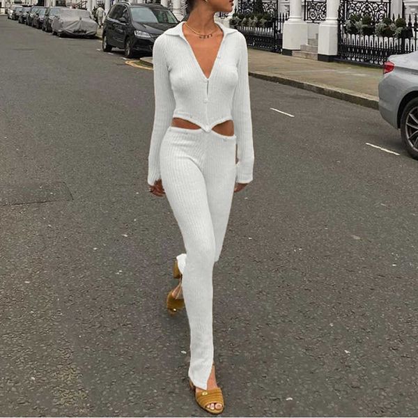 

sollinary skinny knitted jumpsuit high street lady crop pants sets long sleeve single breasted two piece 210930, White