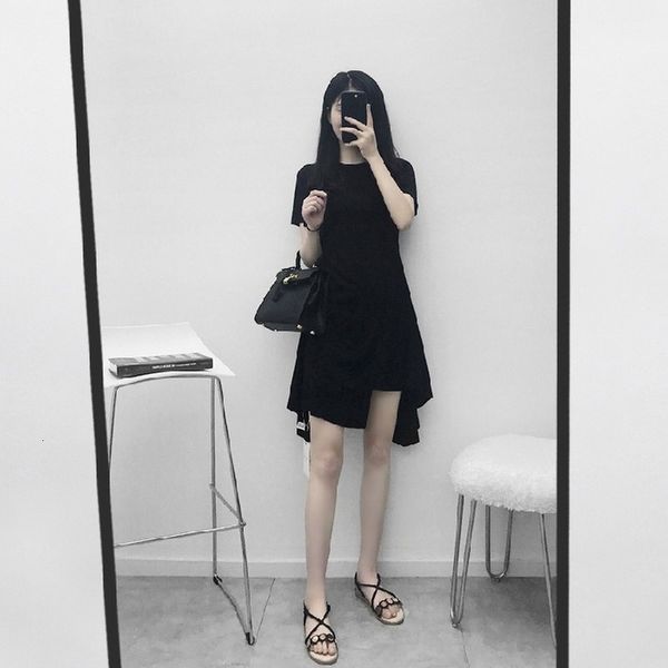 

2021 new women's simple casual short sleeve round neck , irregular, simple, fashionable, breathable, large, summer 6ket, Black;gray