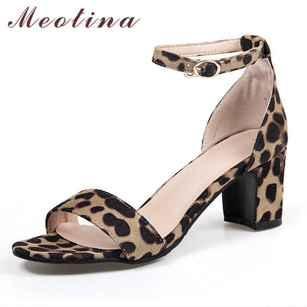 Meotina Scarpe da donna Sandali con tacco medio leopardati Cinturino alla caviglia Tacco spesso Scarpe femminili Fibbia Punta tonda Sandali da donna Taglia grande 3-11 210608