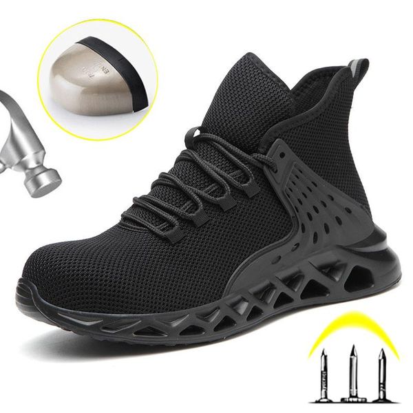 

boots male work & safety breathable light shoes with steel toe cap anti-smashing working sneakers for men, Black