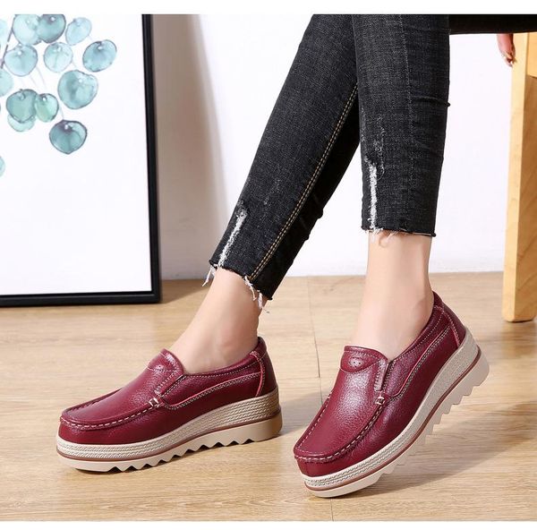 

dress shoes autumn women leather wedge heel casual solid color sneakers creepers genuine ladies loafers, Black