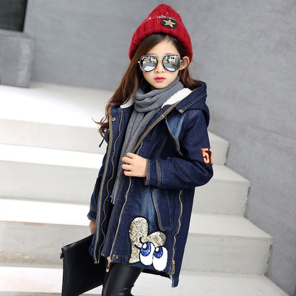 

fashion girl denim jacket coat cartoon cool style jacket for 3-12years girls child cool kids winter fur clothes outerwear, Blue;gray