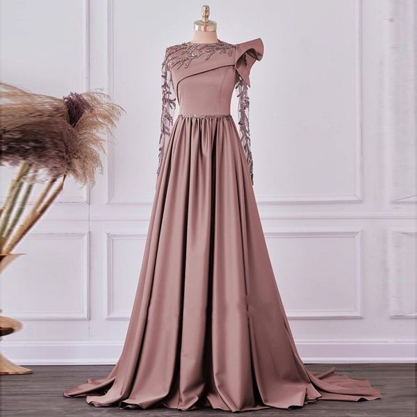 2022 Dusty Pink Abiti da sera unici con spalle scoperte Formale elegante manica lunga con perline Gioiello Impero Vita A-line Abito da ballo Party Wear