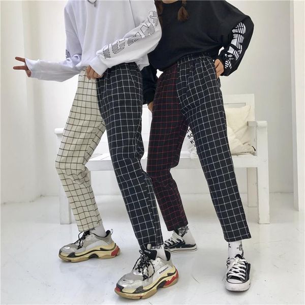 

women's pants & capris vintage paid patchwork 9th harajuku woman man trousers elastics high waist korean causal straight, Black;white