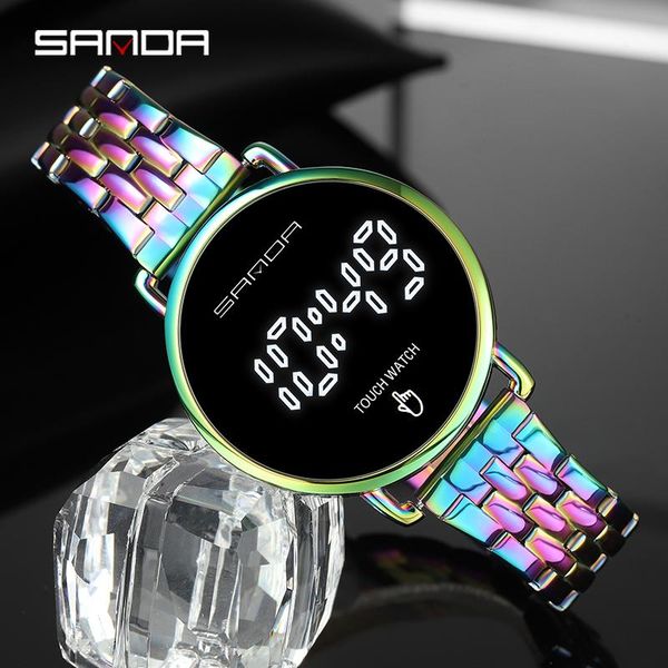 

wristwatches sanda dazzling color watch led light touch screen men digital watches waterproof men's clock relogio feminino, Slivery;brown